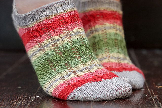 Grey, red, and green striped eyelet lace ankle socks.