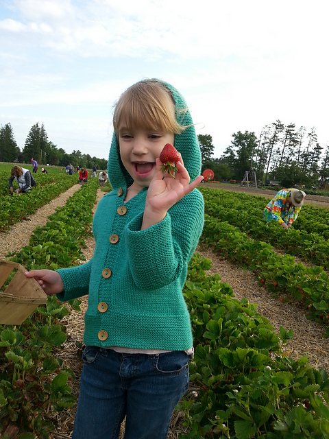 A child picking strawberries in a green hooded cardigan