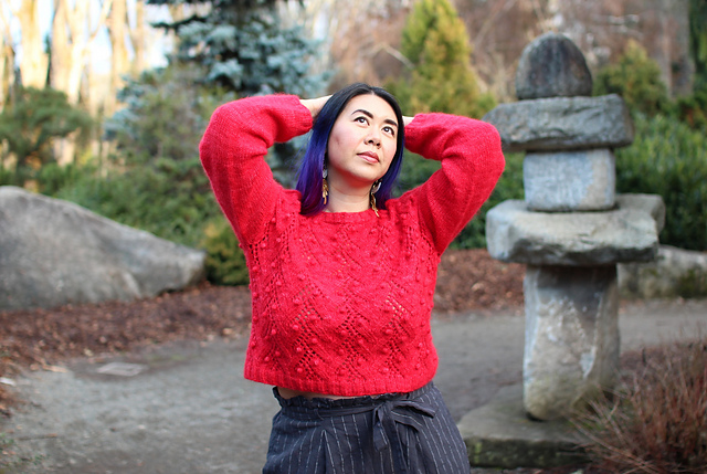 Red cropped lace and bobble pullover